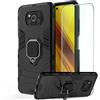GKK DESCHE per Cover Xiaomi Poco X3 NFC/Poco X3 Pro, case cover Poco X3 con staffa anello + vetro temperato, custodia antiurto resistente, compatibile con supporto magnetico per auto - Nero