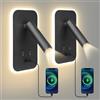 Aofesel Lampada da comodino, 2 x applique da parete a LED con interruttore e ricarica USB, 3 W + 9 W, 3000 K, fissaggio a parete, faretto girevole, luci da parete, letto, lampada da parete, corridoio