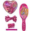 CARTOON Accessori per capelli Barbie per bambine confezione a forma di cuore completa di 7 pezzi spazzola forcine elastici fermaglio