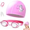 FOSDICK Occhialini Nuoto Bambini, Occhialini Piscina Bambina Anti-Appannamento, Rosa Unicorno Occhiali Nuoto Cuffia Piscina Bambina, per Adolescenti e Bambino, con Clip per Naso & Tappi per Orecchie