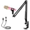 TONOR Microfono Dinamico USB/Tipo C per PC, Microfono da Gioco per Computer Podcast RGB con Supporto da Braccio per Registrazione, Live, Streaming, Youtube, Canto, Studio, Microphone per Karaoke Rosa