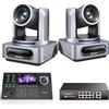 Tenveo Kit Telecamera PTZ e Controller - 2 Telecamere NDI PTZ 4K con Auto-Tracking AI 20X, SDI/HDMI/USB3.0/LAN(PoE) e Controller Joystick NDI con Screen da 5" + PoE Switch per Live Streaming