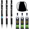 Zngou Set di 6 matite meccaniche, 3 matite meccaniche, 3 astucci di ricarica per matita da 0,5 mm, HB nero, con sacchetto di velluto nero, per schizzi, disegni, scritture, scuola,