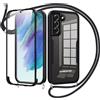 Jrkvniv Cover per Samsung Galaxy S21 FE 5G con Cordino,360 Gradi Trasparente Custodiacon con Protezione Schermo Integrata,Bumper Rugged Custodia con Regolabile Tracolla Corda Collana per 6.4-Nero