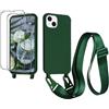 CaseLover Cover compatibile iPhone 13/14 con Cordino, Largo, Verde Scuro | Custodia con Laccio Collana Regolabile, Morbida TPU Silicone Case, 2 Vetro Temperato, AntiGraffio Antiurto Protettiva Cover
