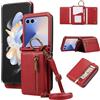 YANJIEER ESONG Cover per Samsung Galaxy Z FLIP 6/FLIP 7 FE Portafoglio Case con Cordino Cinturino e Ring,Custodia A Libro In Pelle Flip Cerniera,Caso per Donna Con Porta Carte,Magnetica,Supporto Rosso