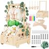 Gulxwis Cesto Nascita Bimbo in Legno con Ruote, Maniglia e 5 Grucce, Cesto Regalo Organizzatore per Prodotti Neonato, Idea Regalo Nascita e Regalo Baby Shower, Design Orsetto per Cameretta