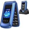 Usteetic Telefono Cellulare per Anziani 4G, Telefoni Cellulari Tasti Grandi a Conchiglia Volume Alto Schermo da 2,4 e 1,77 Pollici Doppia SIM Funzione SOS Base di Ricarica Chiamata Rapida Torcia Sveglia, Blu