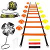 GROOFOO Accessori per allenamento calcio - 6 m scala agility, 12 cappelli arancione/giallo, 4 picchetti, 3 fasce di resistenza (valori diversi), Speed Parachute & Banda, accessori per calcio per