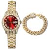 Genkigold Orologio con Diamanti per Uomo - Quadrante Rotondo 40mm con Numeri Romani in Rosso - Placcato in Oro 18K Cinturino 22cm - Quarzo Giapponese - Gioiello di Lusso -Abbinato a Catena Cubana 20cm