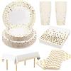 Shinelee 24 Ospiti Set Piatti Biodegradabili Bianco Oro Piatti Carta Natale Tovaglioli Bicchieri Cannucce Tovaglia per Anniversario Matrimonio Doccia Nuziale Fidanzamento Festa Piatti di Carta Natalizi Bianco