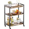 HITNET Carrello da bar, Carrello Mobile per Bevande a 3 Livelli, carrello da cucina con ruote e ripiani portaoggetti per soggiorno, cucina, feste, Marrone rustico e nero
