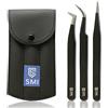SMI 3 Pinzetta Extension Ciglia punta in fibra, Pinzette Diritto e Curvo Tip Pinza, Ciglia finte, Professionale Pinzette in Acciaio Inox, Kit Pinzetta per Ciglia, con Custodia da viaggio (Nero)