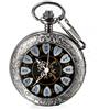 JewelryWe Orologio da Tasca Meccanico Automatico Disegno Fiore Cuore Numeri Romani Colore Nero/Argento Collana con Pendente