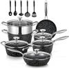 FOHERE Set Pentole e Padelle Induzione 17 Pezzi, Ceramica Antiaderente | Pentole con Coperchio, Adatto a Tutti i Piani Cottura, Induzione, Adatto Per Forno E Lavastoviglie, Alluminio, Nero