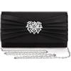 Mulian LilY Borse da sera per le donne pieghettate raso strass spilla prom pochette con tracolla a catena staccabile, nero, 9.1 W x 5.1H x 2.7D
