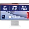 Lenovo IdeaCentre Computer desktop All-In-One, Display 27 FHD, Intel Core Ultra 7 256V, 512GB SSD, RAM 16GB, Altoparlanti Harman, WiFi 6, Windows 11 H, Tastiera + Mouse Wireless