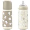 Suavinex, Confezione da 2 Biberon da 360 ml, Tettarella Fisiologica SX Pro in Silicone con Valvola Anticolica, Flusso Denso (L), Adatto per Pappa Liquida. Neonati +6 Mesi. Birdies e Wild&Free, Beige