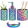 RXLVCKY Set di accessori da bagno colorati, 4 pezzi, dispenser per sapone per lozione, portasapone, portaspazzolino, bicchiere, organizer da banco per accessori da bagno