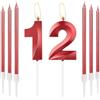 mciskin Candele per il 12° compleanno rosse - Candela numero 12 in design 3D per torta con set di 6 candele lunghe/sottili, topper per torta rossa per forniture di decorazioni per il 12° compleanno