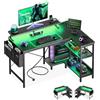 Coleshome Scrivania Gaming con LED e Prese, 100x70cm Scrivania Gaming Angolare Reversibile con Ripiani, Scrivania Angolare con Supporto per Monitor per Casa Ufficio, Carbonio Nero