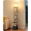 EDISHINE Lampada da Terra con Scaffale e Cassetto Portaoggetti, 1 Presa Elettrica e 2 Porte USB, Lampadina LED E27 Inclusa con 3 Temperature di Colore, Lampada da Salotto, Camera o Ufficio