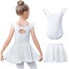 Kefiyis Body da danza per ragazze, con maniche svolazzanti, in cotone, con gonna rimovibile, vestito da ballerina per 3-11 anni, bianco, 150