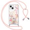 Saqmkil Cover Cordino per iPhone 15 Plus 6,7,Trasparente Aesthetic Disegni Fiori Custodia con Collana Tracolla Laccio Collo Corda, Ragazze Morbido TPU Silicone + PC Antiurto Protettiva Case, Farfalle