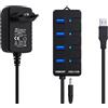 VEMONT Vedont, hub USB con alimentatore di rete, 4 porte, USB 3.0, adattatore attivo e singolo interruttore on/off, cavo da 1,2 m, con alimentatore di rete da 5 V/3 A, per PC/laptop e ultrabook