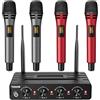 TONOR Sistema di Microfoni Senza Fili con 4x5 Canali, Microfono Wireless Portata UHF di 60m, Microphone con Trasmissione del Segnale Stabile per Canto, Karaoke, Festa, Chiesa, Argento, PA, Rosso