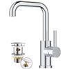 FORIOUS Rubinetto Bagno Lavabo Alto con Piletta, Miscelatore Lavabo 360° Girevole in Acciaio Inox con Acqua Calda e Fredda, Adatto per Lavandino Bagno, Installazione Facile, Cromo