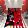 Homemissing Set di biancheria da letto Mr Mrs Coppia romantica per matrimoni, copripiumino nero e rosso con citazione divertente creativa, copripiumino sexy con labbra rosse e baffi, copriletto romantico, 3 pezzi