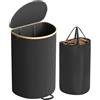 SONGMICS Cesto Portabiancheria con Coperchio, 90 Litri | Porta Biancheria, Sacco Interno Rimovibile, Nero Inchiostro e Bambù Chiaro, Collezione ROXANNE LCB547B01
