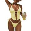 GRMLRPT Set Bikini Donna 2 Pezzi Costume da Bagno Triangolare con Collo a V e Bottoni Decorativi Vita Regolabile Slip da Bagno Costolato per Spiaggia e Piscina(Giallo,M)
