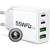 P37 Caricabatterie USB-C 55W, 4 Porte, 2 Porte 20W PD, Ricarica Rapida, Alimentatore Veloce 4 Porte Caricatore Presa Multipla PD & QC3.0 Carica Cellulare Alimentatore USBC Caricabatterie Type C
