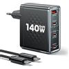 toocki Caricatore USB C 140W, adattatore GaN rapido e compatto a 4 porte, comandi 2M 240W Cavo USB C per iPhone 17/17 Pro/16/15, Samsung, MacBook Air/Pro, Pixel, AirPods e altri dispositivi