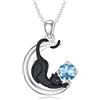 SLIACETE Collana con pietra natale, gatto nero e ciondolo gatto sulla luna, regalo di gioielli per donne, normale, Argento sterling, Zirconia cubica