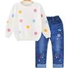 Peacolate 2-6J - Maglietta a maniche lunghe, 2 pezzi, con scollo rotondo, motivo coniglio e jeans con ricamo a coniglio e motivo coniglio, Fiore bianco, 7-8 Anni