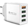 P37 Caricatore USB Multiplo 33W 4 Porte - QC3.0 Ricarica Veloce per iPhones, Galaxy, Note, Xiaomi, Huawei - Perfetto per Smartphone, Tablet, Laptop
