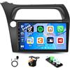 Zomolither Autoradio Android 2G+64G per Honda Civic VIII 2006-2011 Wireless CarPlay Android Auto Bluetooth Navigazione GPS Touch screen da 9 pollici WiFi FM/RDS SWC Mirror Link + Telecamera AHD