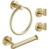 FAIRGIA WEIKO - Set di accessori da bagno in oro spazzolato, porta carta igienica e 2 ganci per accappatoio, kit di accessori da bagno in acciaio inox, 4 pezzi