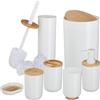 Relaxdays Set Bagno 7 Accessori, Cestino, Scopino WC, Portasapone, Saponetta, Portaspazzolino, Plastica e bambù, Bianco