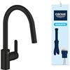 GROHE Get - Miscelatore Cucina Estraibile (2 Funzioni di Erogazione, Bocca Alta 381mm, Rotazione 360°, Cartuccia Ceramica 35mm, EasyDock, Tails 3/8 Pollici, QuickMount Incluso), Nero Opaco, 30360DC0