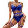 RSLOVE Intimo Donna Sexy Lingerie Completo Intimo con Reggicalze Set Reggiseno e Mutandine a Rete Trasparente Blu L