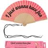 Fisura - Ventaglio originale con messaggio "Have fun". Accessorio pieghevole in legno con glitter rosa, ventilatore manuale per estate, spiaggia, viaggio o festa, con laccetto incluso 42,5 x 23 cm