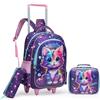 Egchescebo Zaino con Rotelle Bambina Trolley Zainetto Asilo Scuola Elementare Primaria 17" 3PCS Borsa Pranzo Portamatite Media Carrello Ruote Valigia Ragazza Cavalcabile per Rullo Gatto Viola