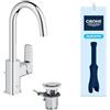 GROHE Dice - Miscelatore Lavabo con Set Scarico Pop-Up (Taglia L, Bocca Girevole C 90°, Cartuccia Ceramica 28 mm