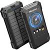 Hicyzoe Power Bank Solare, Caricabatterie Portatile Wireless per Cellulari da 26800mAh, Batteria Esterna a Ricarica Rapida QC3.0 da con 4 Cavi Integrati, Ingresso/Uscita USB-C, con Doppia Torcia per Esterni