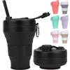 MORAINJAY 600ml Tazza Pieghevole Silicone,Nero Tazza da Caffè Portatile con Coperchio e Cannuccia,Bicchiere Campeggio Viaggio,Sigillato,Riutilizzabile,Lavastoviglie(Pieghevole Fino a 7cm)