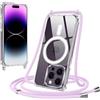 Jrkvniv Magnetica Trasparente Cover per iPhone 14 Pro Max con Cordino, Compatibile con Magsafe, Ultra Sottile Silicone TPU Antiurto Custodia con Collana Laccio rimovibile per iPhone 14 Pro Max, Viola